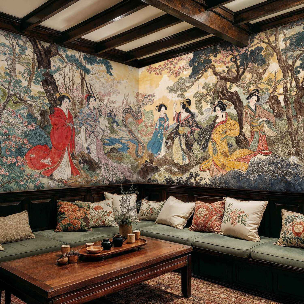 Japanese Geisha Dragon Garden Wall Mural