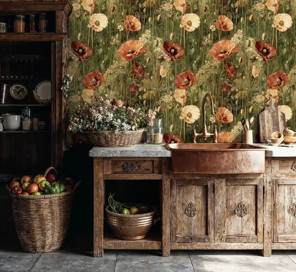 Vintage Poppy Meadow Wallpaper