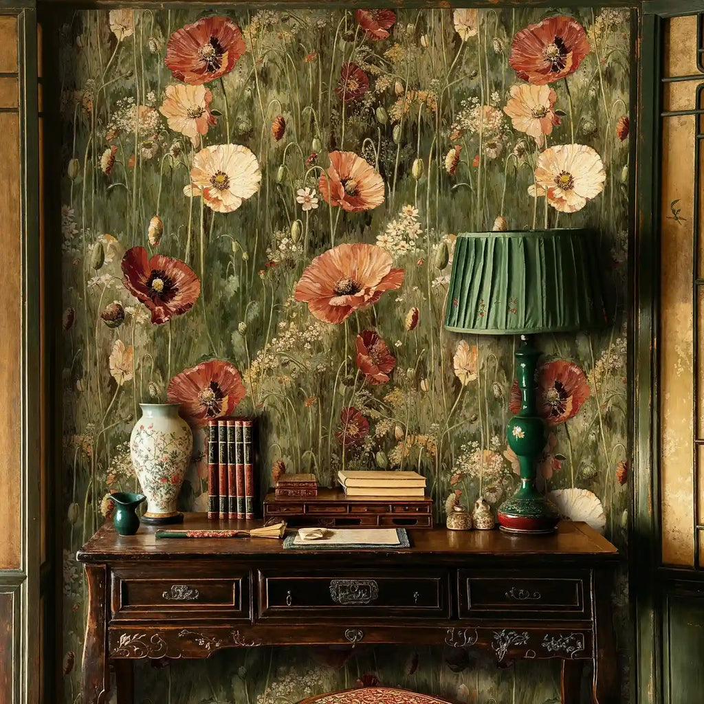 Vintage Poppy Meadow Wallpaper