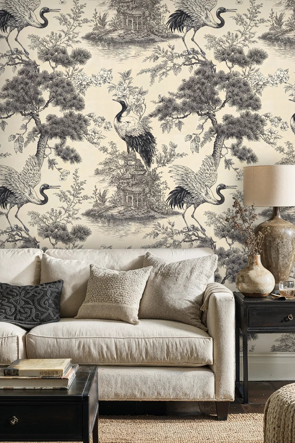 Japanese Crane Toile Wallpaper