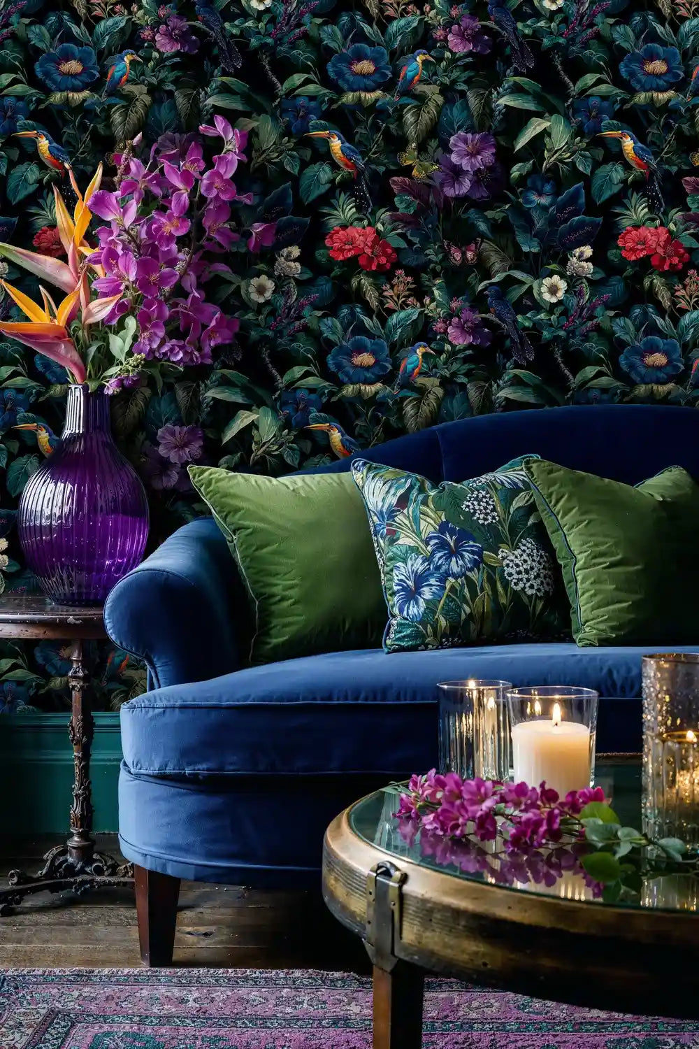 Midnight Botanical Birds and Blooms Wallpaper