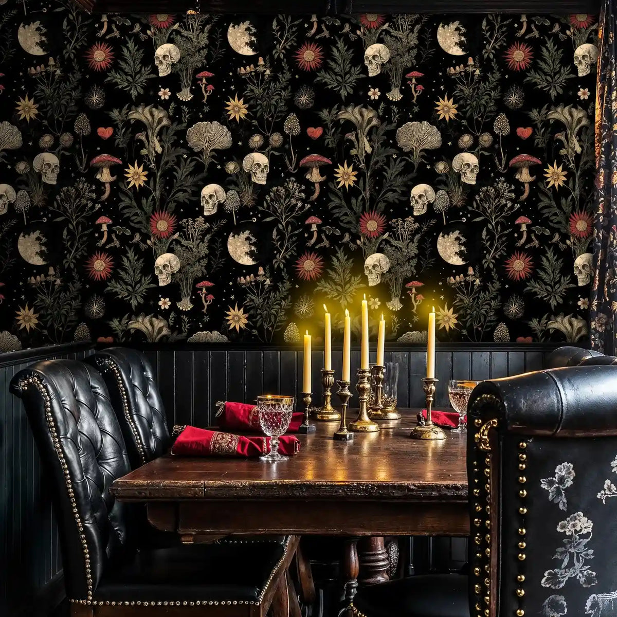 Moonlit Botanicals and Skulls Wallpaper