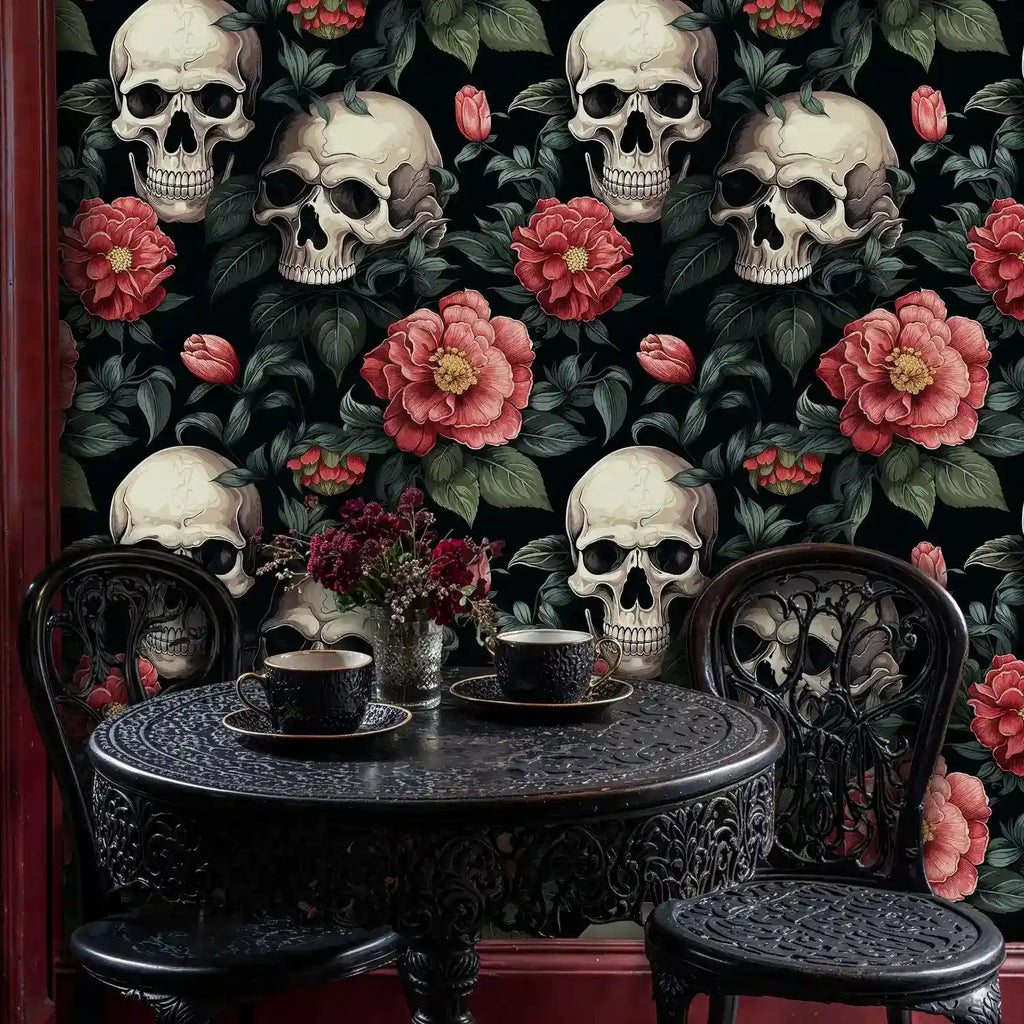 Gothic Skulls and Red Florals Wallpaper