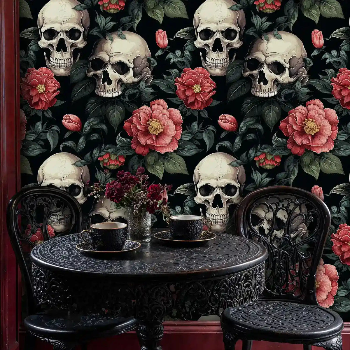 Gothic Skulls and Red Florals Wallpaper