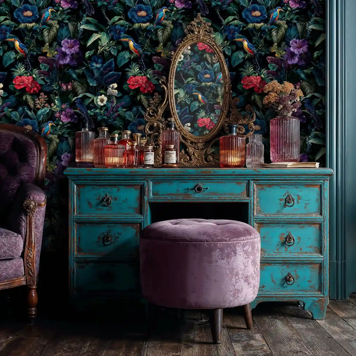 Midnight Botanical Birds and Blooms Wallpaper