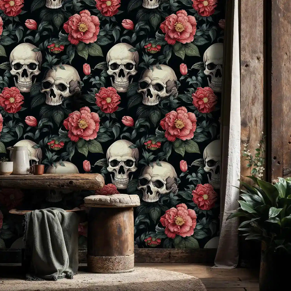 Gothic Skulls and Red Florals Wallpaper