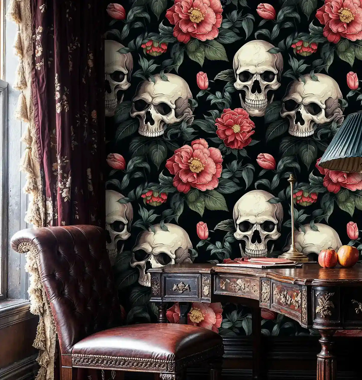 Gothic Skulls and Red Florals Wallpaper