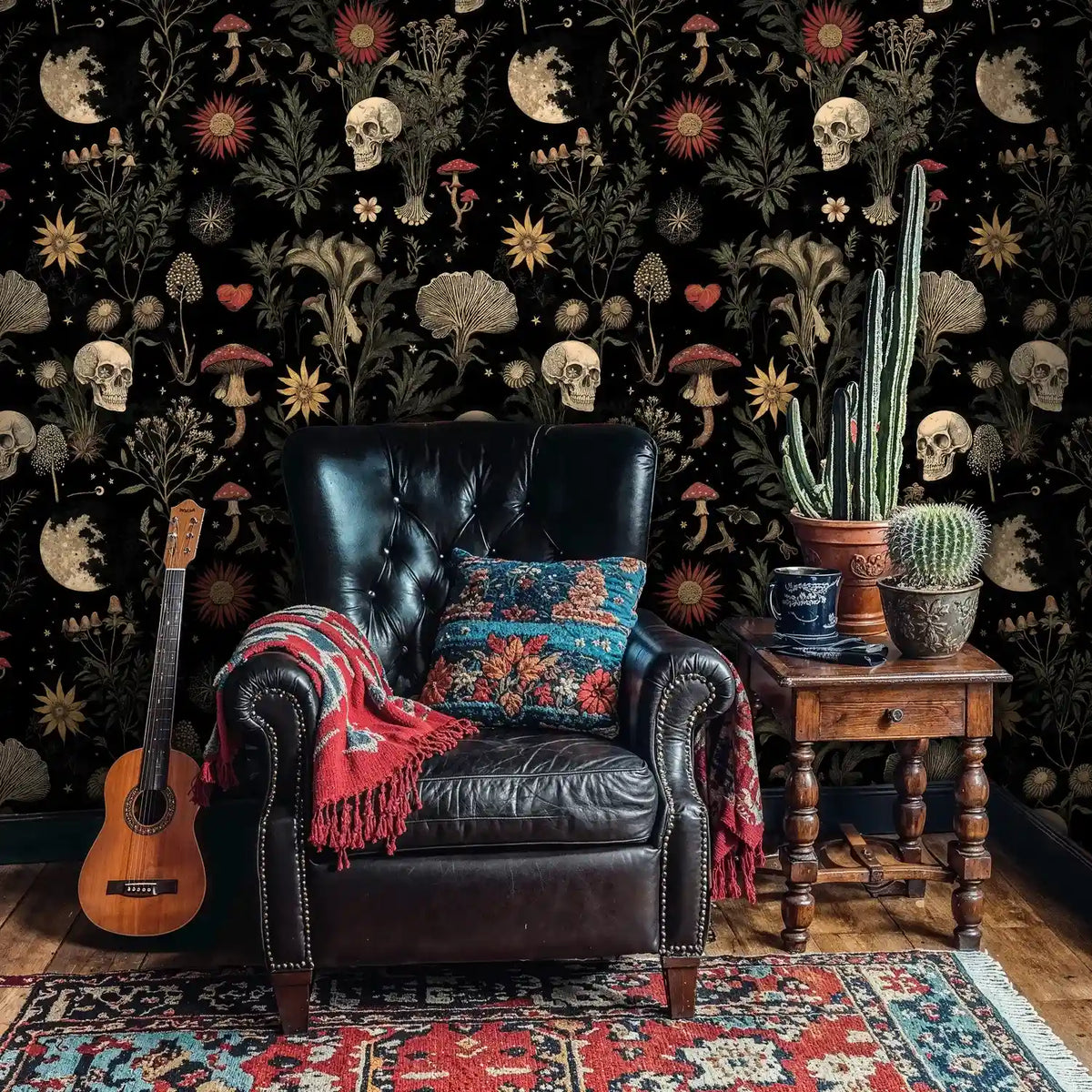 Moonlit Botanicals and Skulls Wallpaper