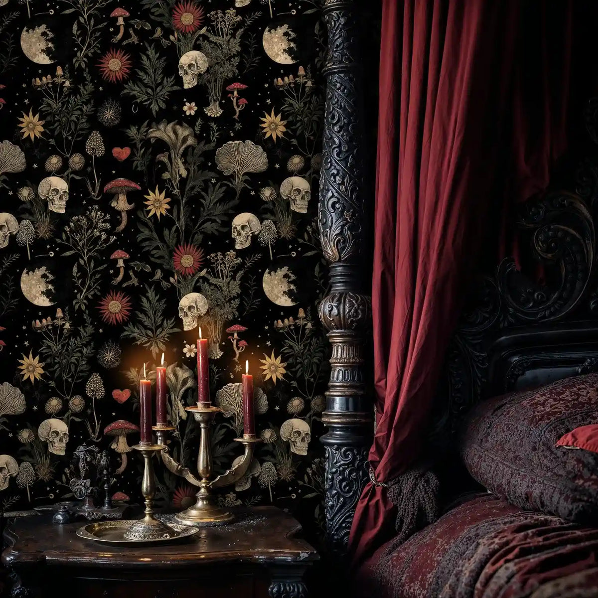 Moonlit Botanicals and Skulls Wallpaper