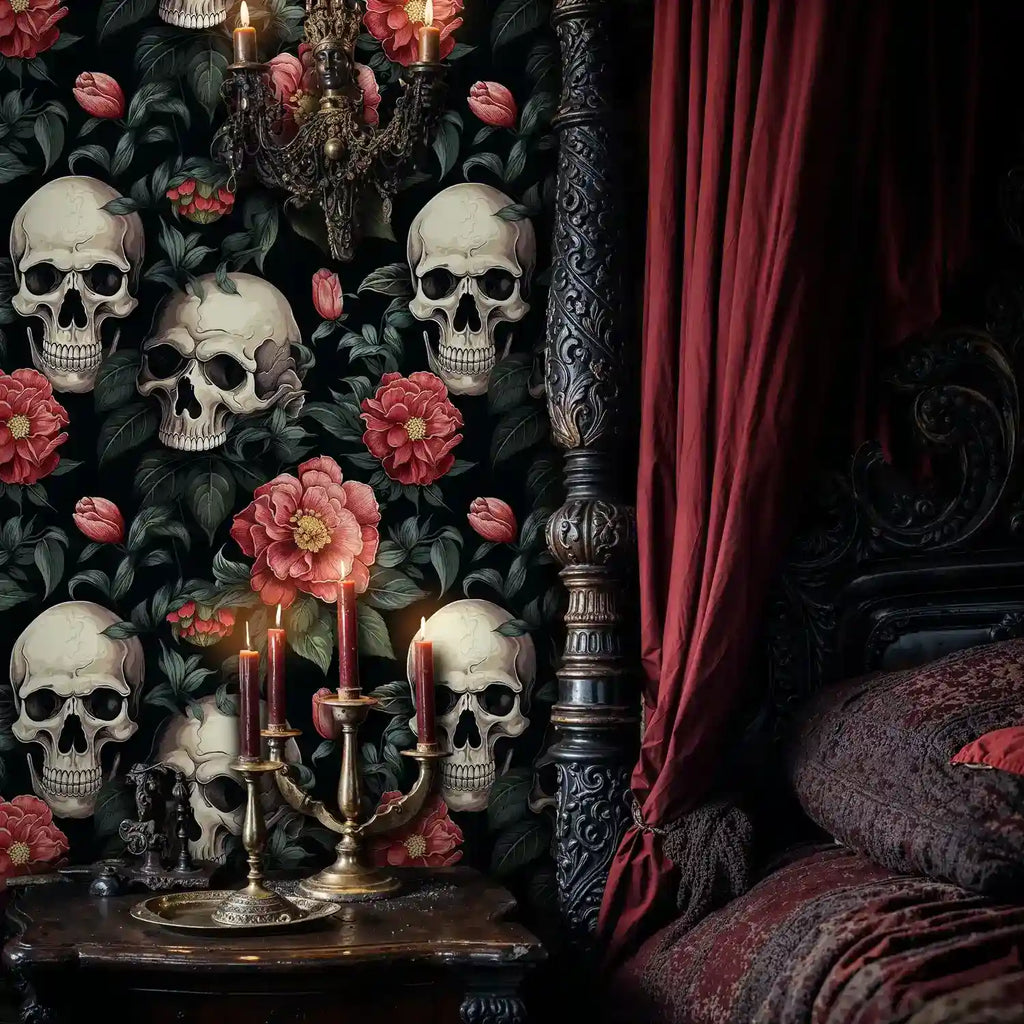 Gothic Skulls and Red Florals Wallpaper