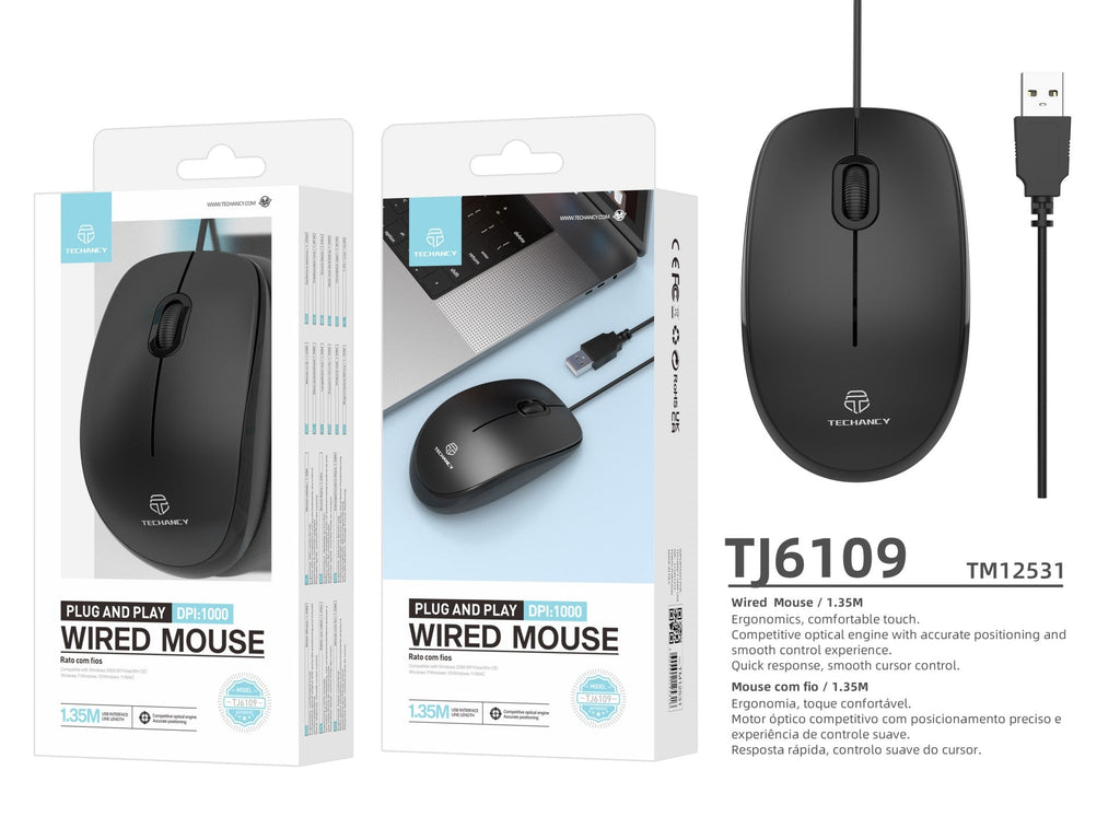 Techancy Rato Com Fios Usb Preto TJ6109, 1,35 M Plug And Play, 1000dpi, Design Ergonómico Da Roda De Deslocamento Antiderrapante.