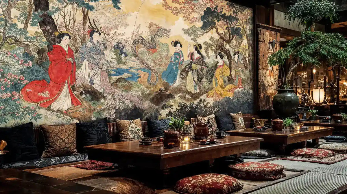 Japanese Geisha Dragon Garden Wall Mural