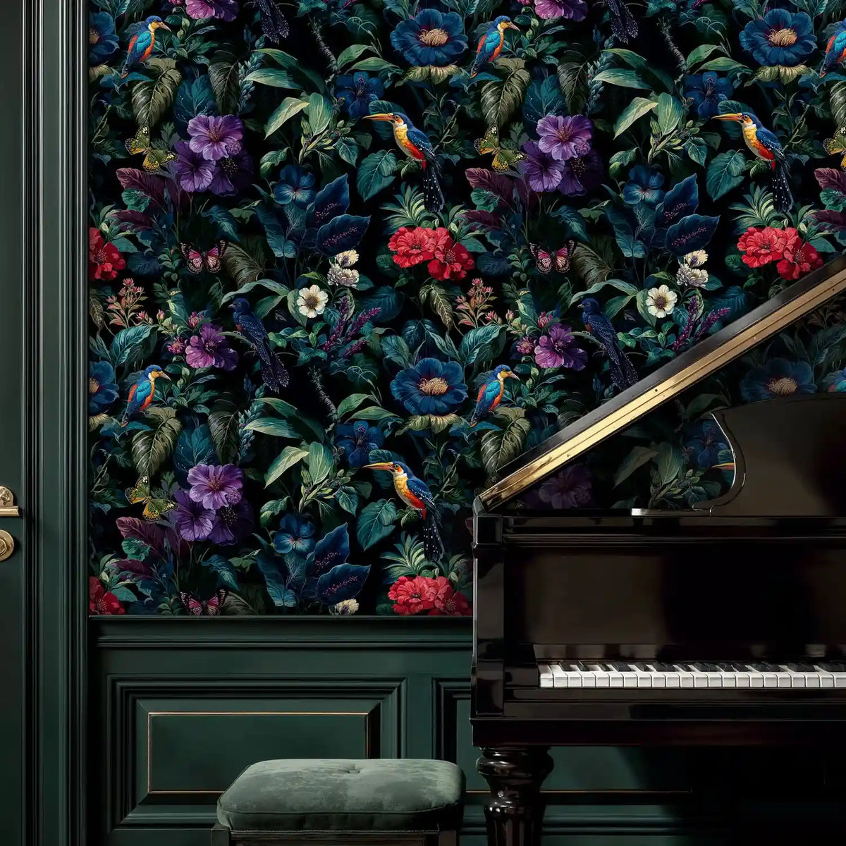 Midnight Botanical Birds and Blooms Wallpaper