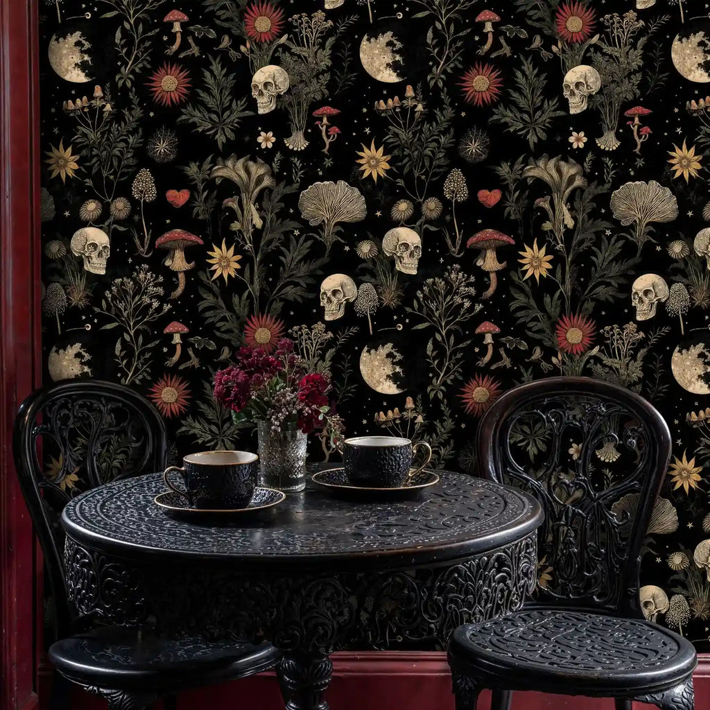 Moonlit Botanicals and Skulls Wallpaper