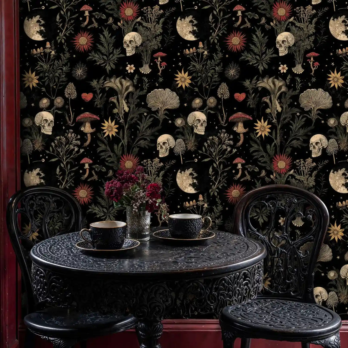 Moonlit Botanicals and Skulls Wallpaper