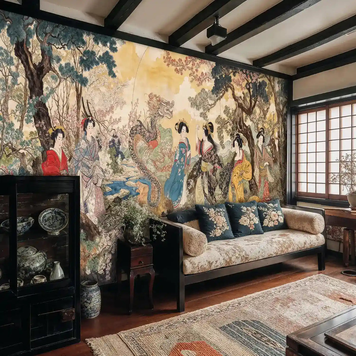 Japanese Geisha Dragon Garden Wall Mural