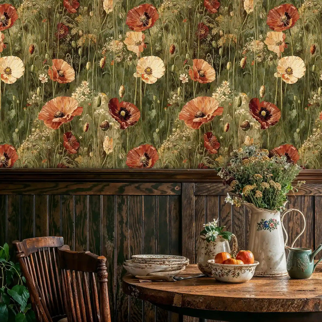Vintage Poppy Meadow Wallpaper