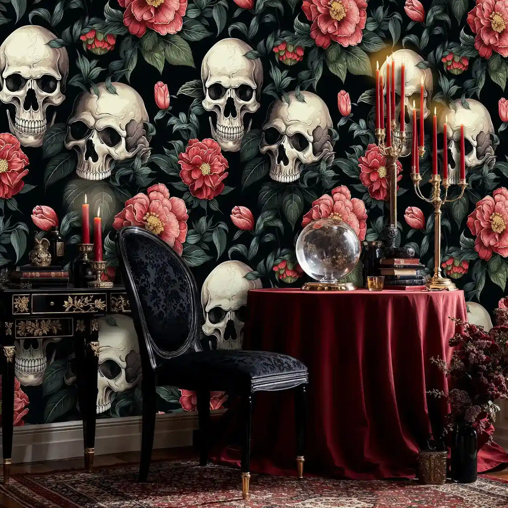 Gothic Skulls and Red Florals Wallpaper