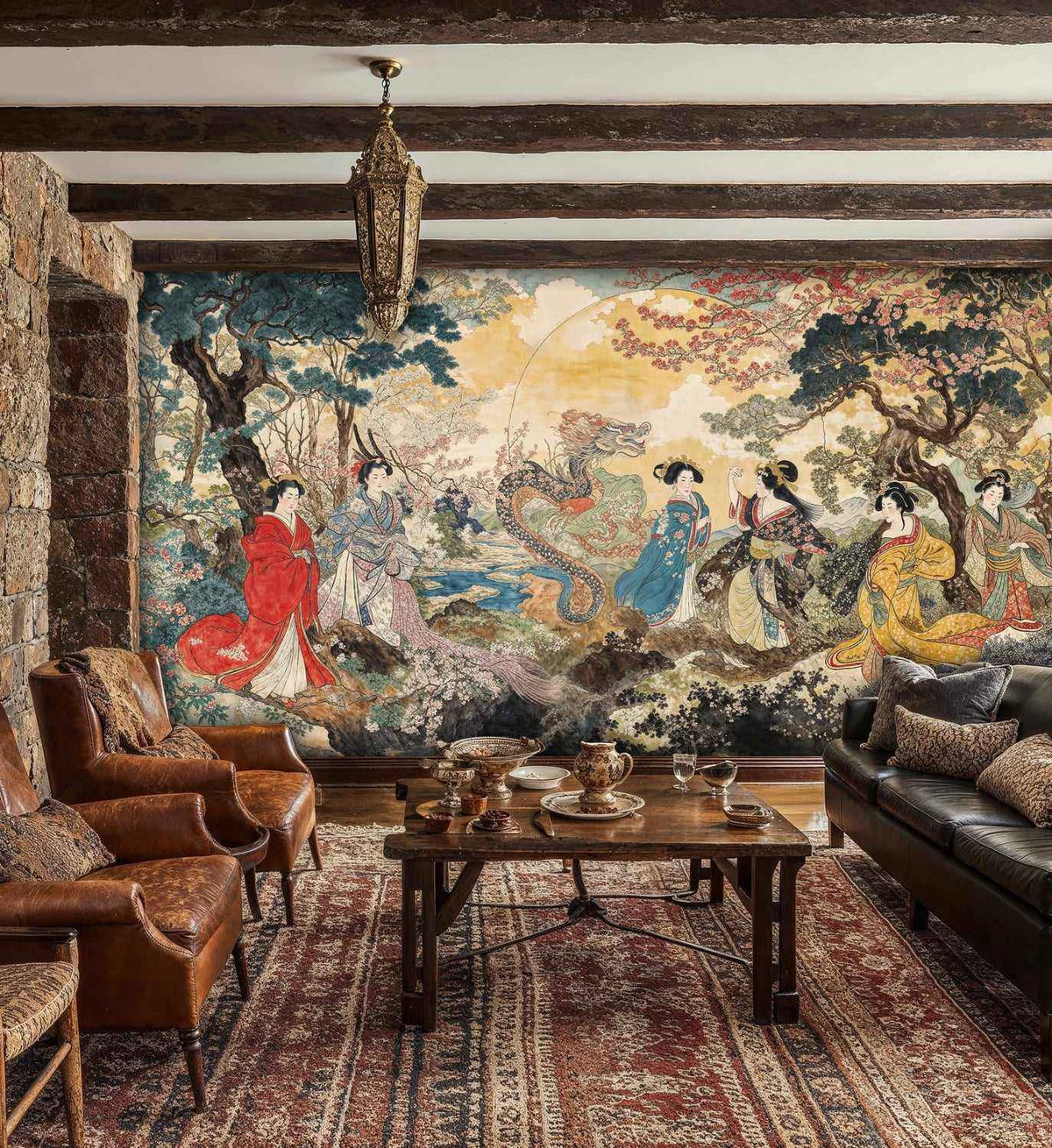 Japanese Geisha Dragon Garden Wall Mural