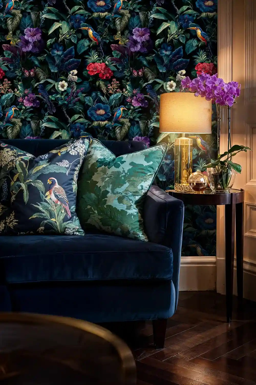 Midnight Botanical Birds and Blooms Wallpaper