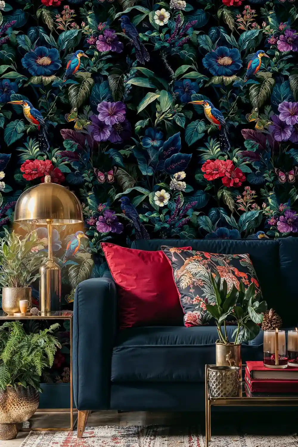 Midnight Botanical Birds and Blooms Wallpaper